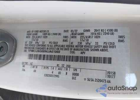 2022 Ford Escape Se z USA, uszkodzony, nr VIN 1FMCU9G68NUA61060